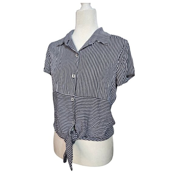 NLT costal blue & white stripes front tie button down top wears like a S - Picture 2 of 6